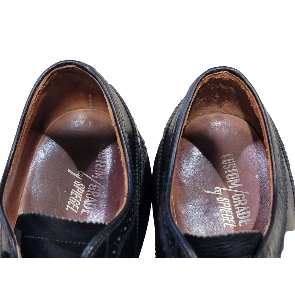 Spiegel VTG Mens 9.5 D Black Leather Wingtip‎ Oxford Shoes Custom Grade Brogue